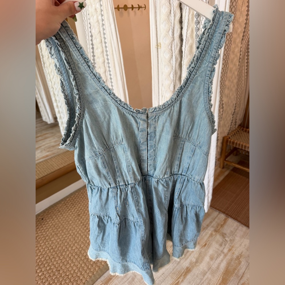 We The Free Light Wash Ruffled Denim Romper